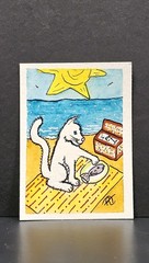 ACEO Original Art 2.5X3.5 Trading Card Actually Cats White Cat & Fish At Beach