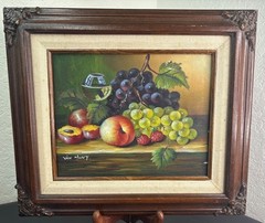 Original Framed Still life by artist Van Hunt grapes, peaches, and strawberries