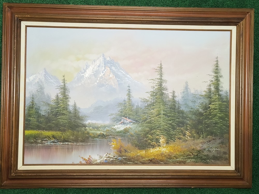 Vintage Large Mountains Landscape Oil Painting Canvas Original Wood Framed 24×36