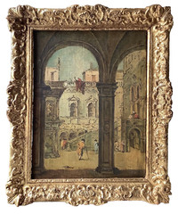 FRANCESCO GUARDI ITALIAN LIVELY COURTYARD PALACE VENICE RARE OIL PAINTING 19thC