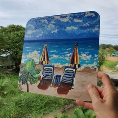 Beach Chairs Umbrellas Painting Coastal Ocean Original Wall Art Seaside Summer