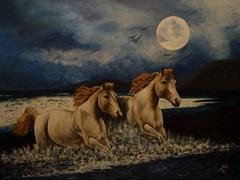 Realism Canvas oil Painting Horses Seascape Moon Birds Unframed 48×36 in