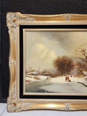 Original Vintage Oil on Board Dutch Winter Scene Painting by Rudolf? R. Jacobi