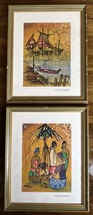 2 Asian Batik Framed Wall Art Painting Village Scene Signed Khemy