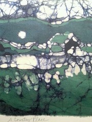 Stuart abstract painting on cloth „A Country Place“ 18.25×15.25 inches
