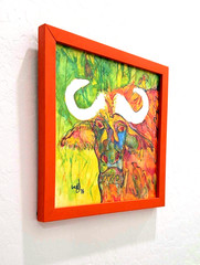 Original Signed Water Buffalo Framed Art Piece, Colorful Folk Expressionist 2016
