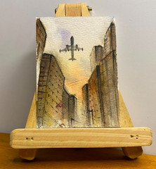 ACEO Original Watercolor Painting OOAK Airplane Cityscape Urban Aviation Art