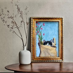 Set of 3 Black Cat Original Oil Paintings Framed Cat Wall Art Cottagecore Decor