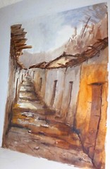 VINTAGE WATERCOLOR PAPER SIGNED MENDEZ SOUTH AMERICAN VILLAGE PERU STREET SCENE