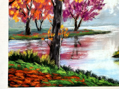 Original Soft Pastel Landscape Autumn Trees & Forest River Reflection 32.5x25cm