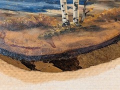 Hand Painted Art Oil Painting On Wood Slab Waterfall Snow Mountains Aspen Trees