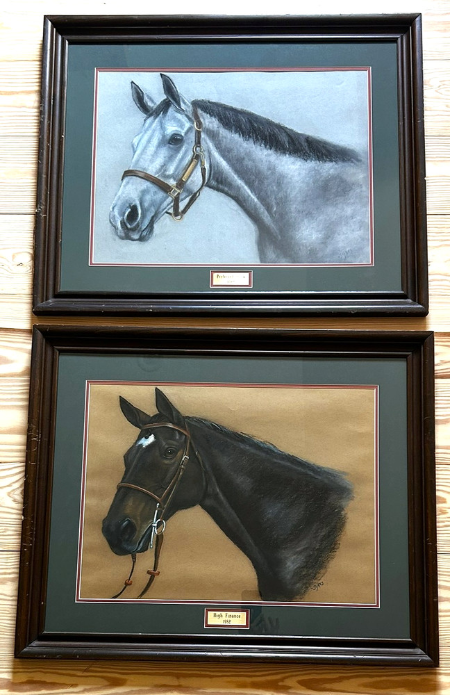 PAIR of 2-Vtg Original Sykes Horse Realism Portrait Pastel Paintings 33“x27“
