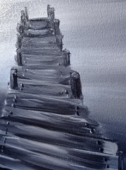 Original Painting Bridge Lake Sky Black White Art Landscape Oil 18 x 14 in