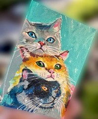 ACEO Original Painting – Cat Stack – Mixed Media, Cat Art, Fun