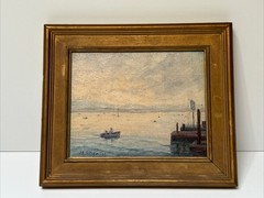 Antique California Landscape Painting Foggy Coast Marina John Heath Beach Boat