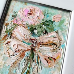 Original Oil Painting Pink Bow and Rose Art Miniature Signed Art 6×4 in