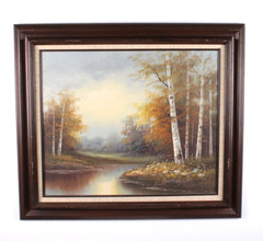 Vintage Forest Stream Landscape Scene Oil Painting On Canvas Signed Illegible