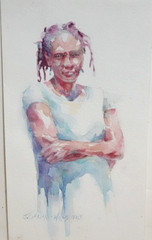 JANICE C-WILLIS „MONICA IN BLUE“ AFRICAN AMERICAN WOMAN WATERCOLOR PAINTING