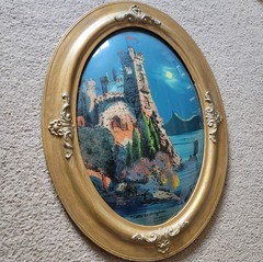 Antique 1917 Reverse Glass Painting Belgium Castle Convex Glass Wood Frame