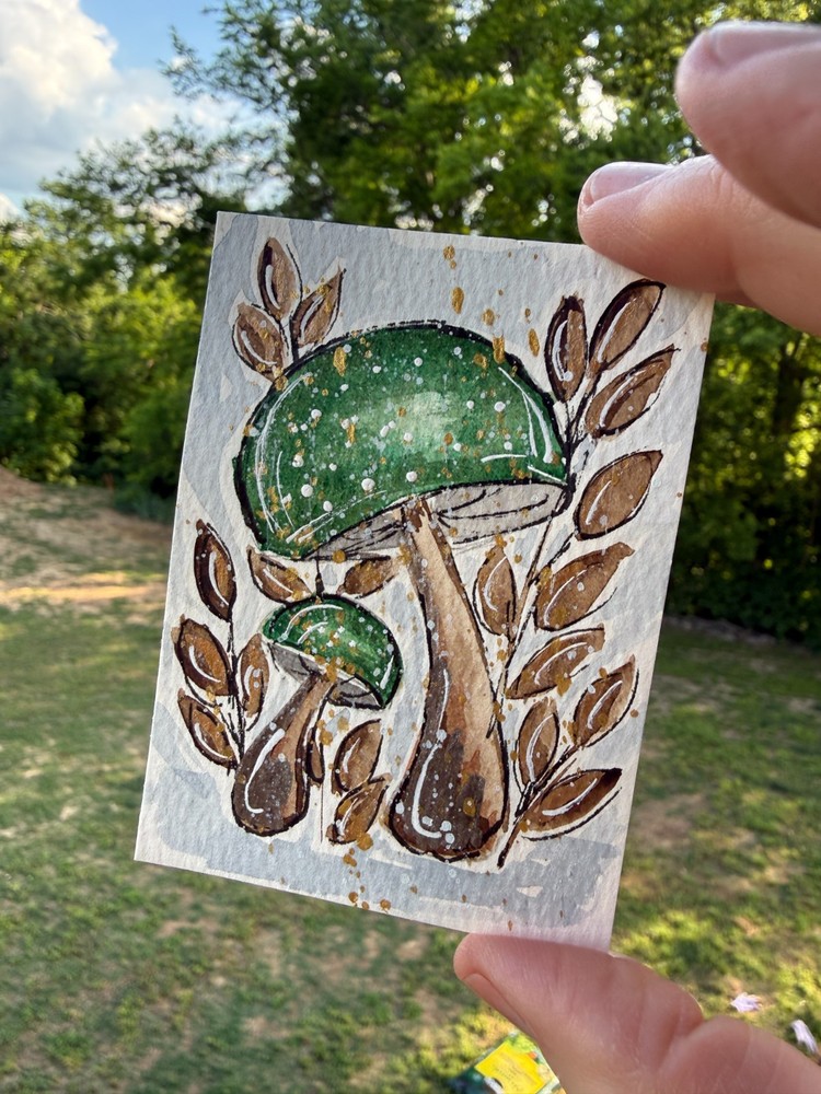 ACEO #17 Red Mushroom / Green Leaves Watercolor Art Trading Card, 3.5×2.5 inches