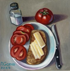 original oil painting Bread Tomatoes Breakfast Still Life 11,6×11,6 Inch Gift