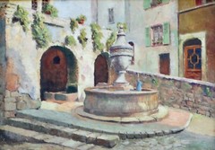 Village Square in Provence French Post Impressionist Oil Painting