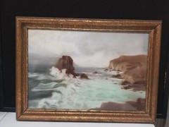 Antique 1930 Watercolor Pastel Painting Crashing Waves Period Gold Wood Frame