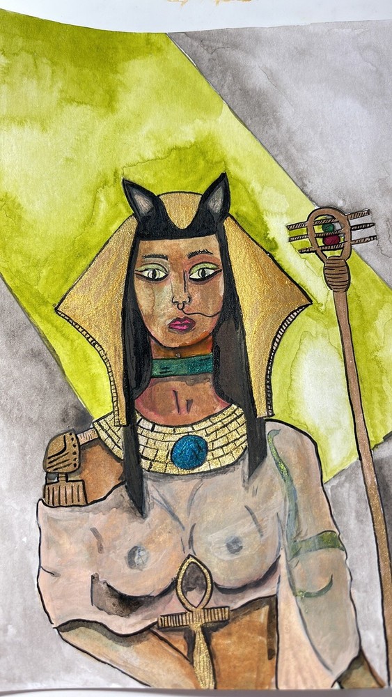 Egyptain Hand Painting of Bastet the Cat Goddess, Watercolor And Ink Paint