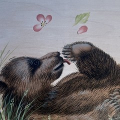 Hand-Painted Oval Wood wall Board 14.5” Bear Cub & Floral, Hanging Hole