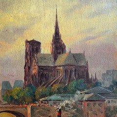 Jean Fabry, Antique French Oil Painting Paris Notre-Dame Cathedral Seine Signed