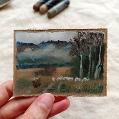 ACEO Original Dark Countryside Sheep Landscape Moody Rustic Impressionist Art