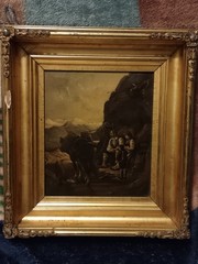 19th Century European Oil Painting – Family and Horse in Mountain Landscape