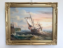 Original Oil Painting Sailing Boat Harbor Storm Seascape Nautical Art Framed