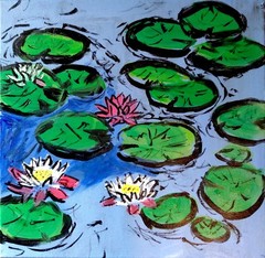 Original Blue Green 12×12 Lily Pond Acrylic Impressionist Signed Canvas