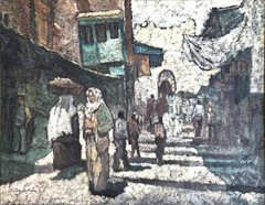VTG Mid-20th C Original French School Expressionist O/C „Moroccan Souk“, Signed!