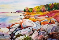 Original watercolor 7,5×11 inc. River autumn bright landscape rocky shore