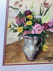 R Habermann 1966 „Still Life With Flowers Scene“ Gouache Painting -Signed/Framed