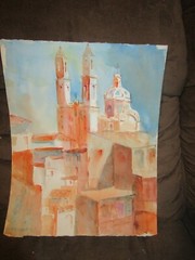Original Watercolor By Peg Humphreys, Cathedral over rooftops 16″x 20″