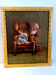 Vintage Santa Claus w Little girl sleeping Original Acrylic Framed Painting