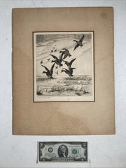 Vintage Original Plein Air Etching Mallard Ducks Dropping In Landscape Signed