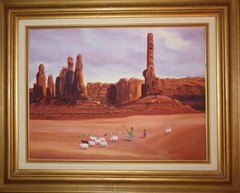 Original Oil On Canvas Desert Mesa Shepherdess, child, dog, flock. By Kari McKay