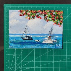 Sailboats Ocean Painting Tropical Seascape Blue Water Boats Original Acrylic Art