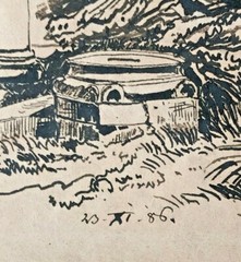 Anonymous: original ink pen drawing „ruins“, 1886, in mat 42 x 34 cm