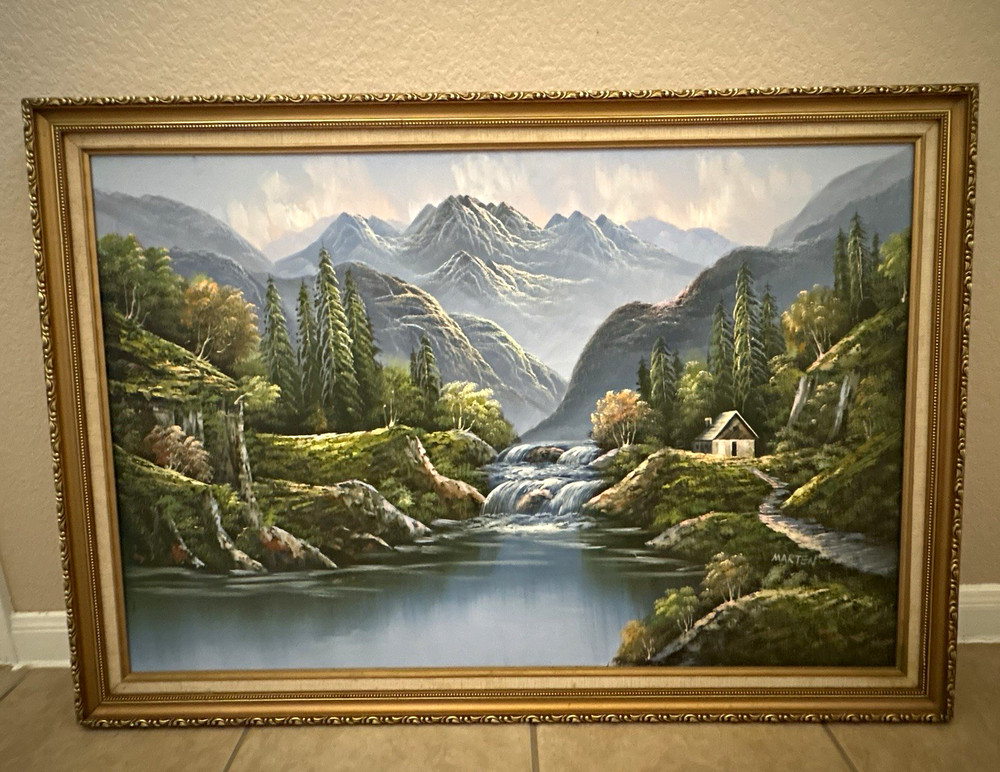 MARTEN Signed Framed Realism Landscape Painting Mountains Waterfall 25×39″