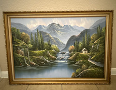 MARTEN Signed Framed Realism Landscape Painting Mountains Waterfall 25×39″