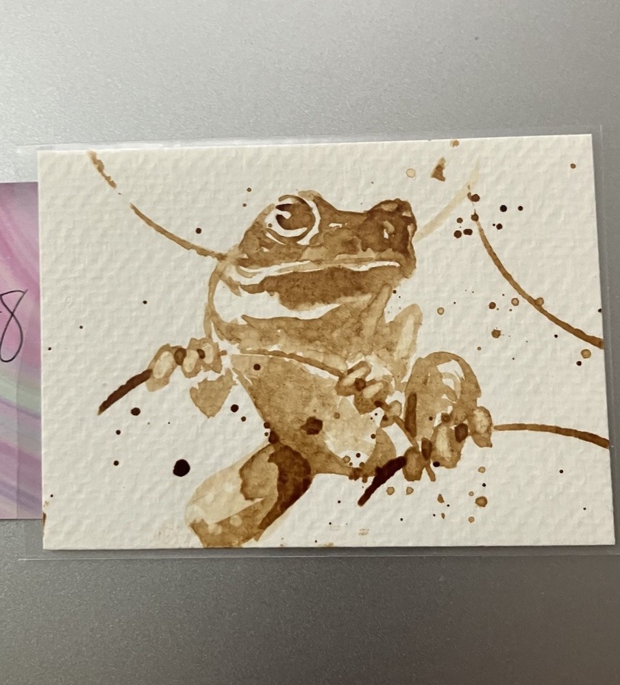 Original Coffee Frog Painting Realism Miniature Lover Aceo ATC Art Gift Ettina