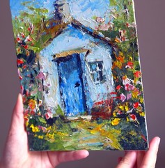 Cozy Rural Village House 7×9.5″ With Roses & Blue Doors French Provence Garden