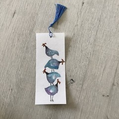 Bookmark Guinea Fowls Laminated Painting By Kenna 8cm X 20cm With Blue Tassel