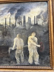 Rare 1936 Antique Ashcan Surrealist Social Realist Painting; Factory Workers