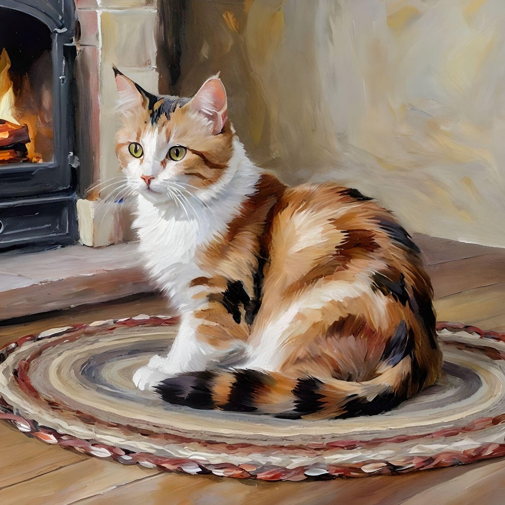ACEO Art Card Calico Cat before the fireplace